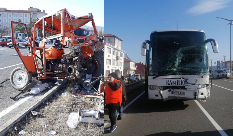Yeniçağa'da  otobüs traktöre çarptı